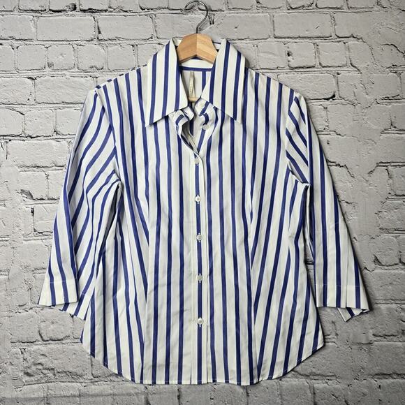 Usonia Tops - Usonia Womens White Blue Vertical Stripe 100%‎ Cotton 3/4 Sleeve Blouse Size L